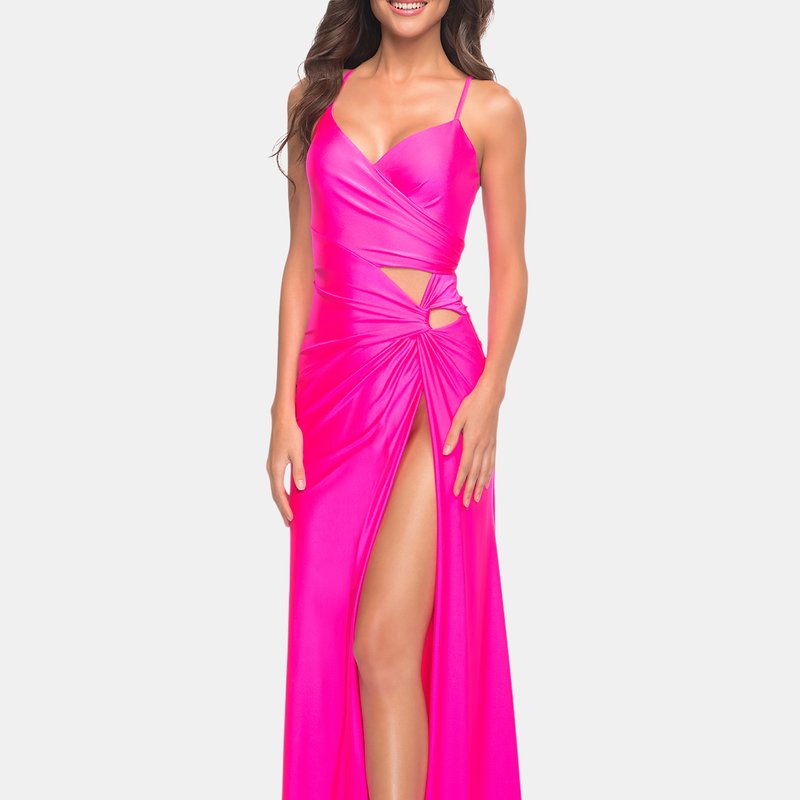 La Femme Neon Prom Dress With Cut Outs At Hip And High Slit In Neon Pink