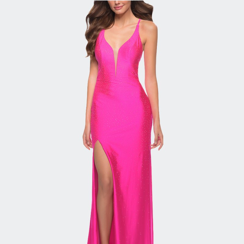 La Femme Neon Prom Gown With Rhinestone Fabric And Deep V In Pink