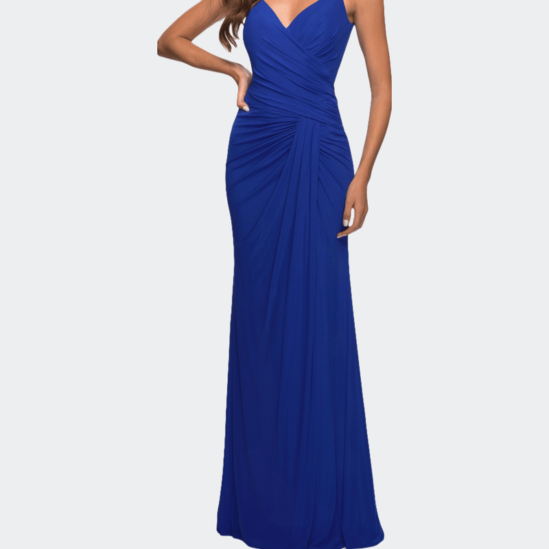 La Femme Net Jersey Long Ruched Gown With Slit And Open Back In Royal Blue