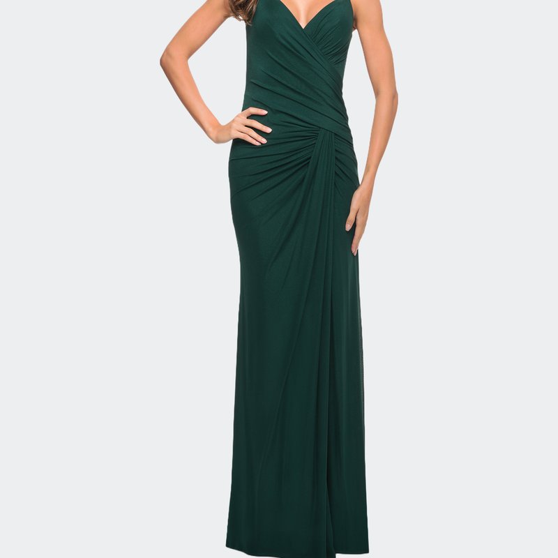 La Femme Net Jersey Long Ruched Gown With Slit And Open Back In Emerald