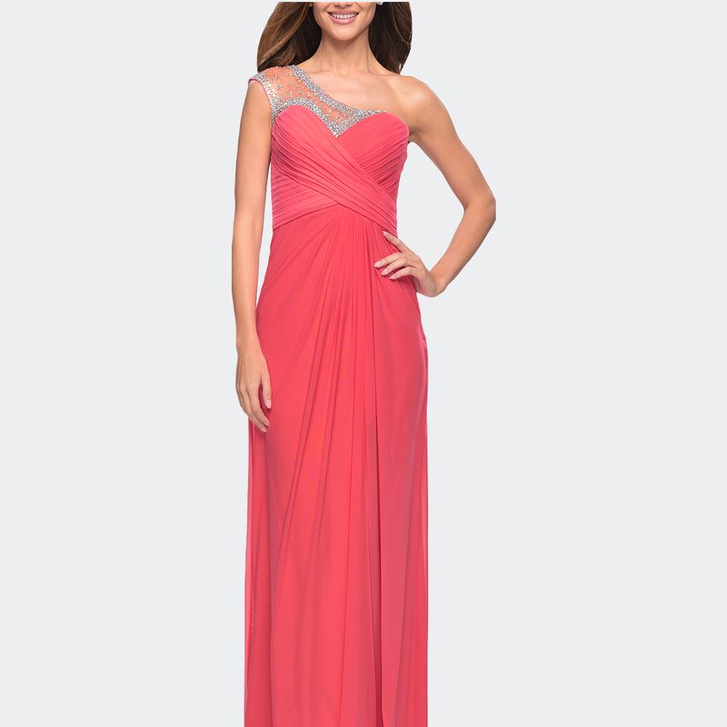 La Femme Net Jersey Prom Dress With Criss Cross Ruched Bodice In Pink