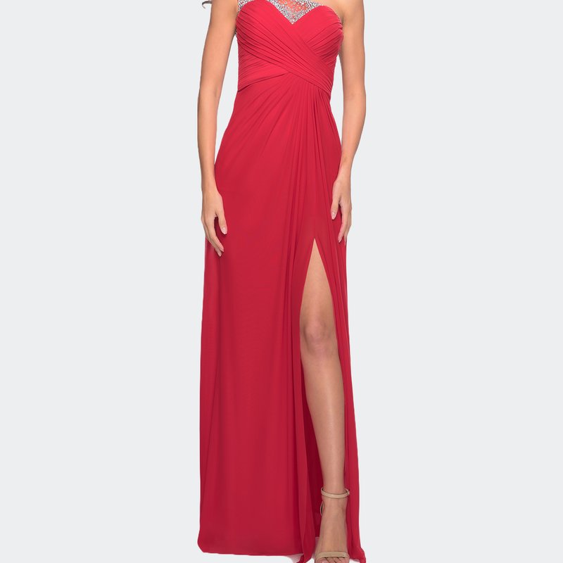 La Femme Net Jersey Prom Dress With Criss Cross Ruched Bodice In Red