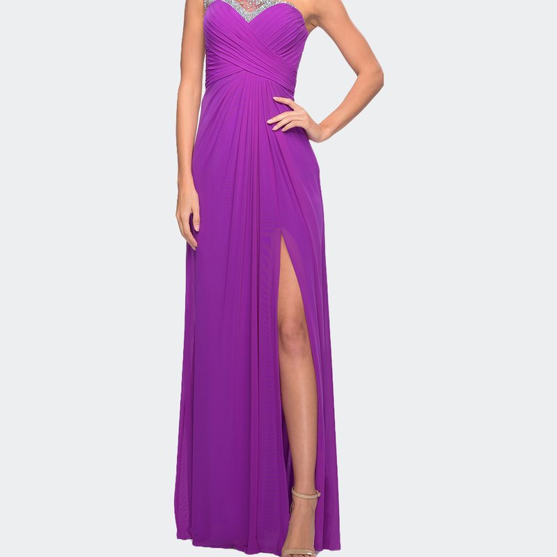 La Femme Net Jersey Prom Dress With Criss Cross Ruched Bodice In Purple