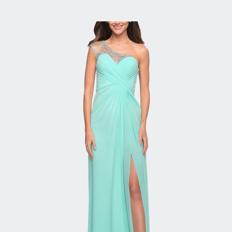 La Femme Net Jersey Prom Dress With Criss Cross Ruched Bodice In Green