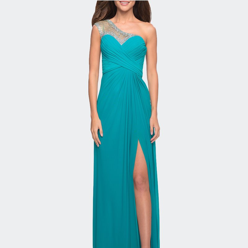 La Femme Net Jersey Prom Dress With Criss Cross Ruched Bodice In Blue