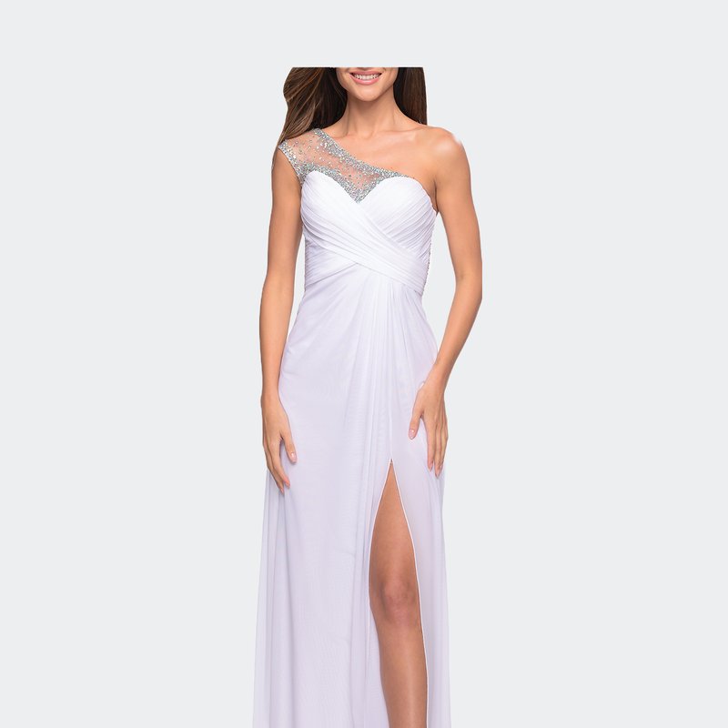 La Femme Net Jersey Prom Dress With Criss Cross Ruched Bodice In White