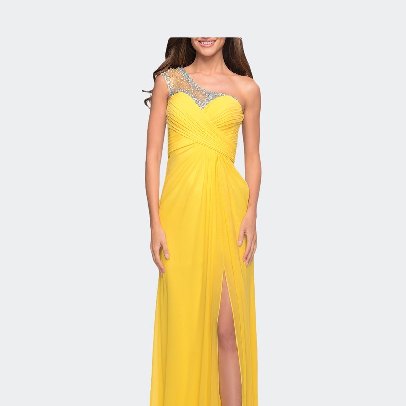 La Femme Net Jersey Prom Dress With Criss Cross Ruched Bodice In Yellow