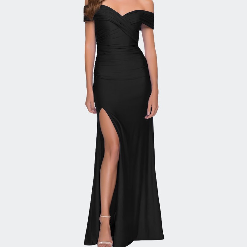 Shop La Femme Off The Shoulder Chic Jersey Gown With Ruching In Black