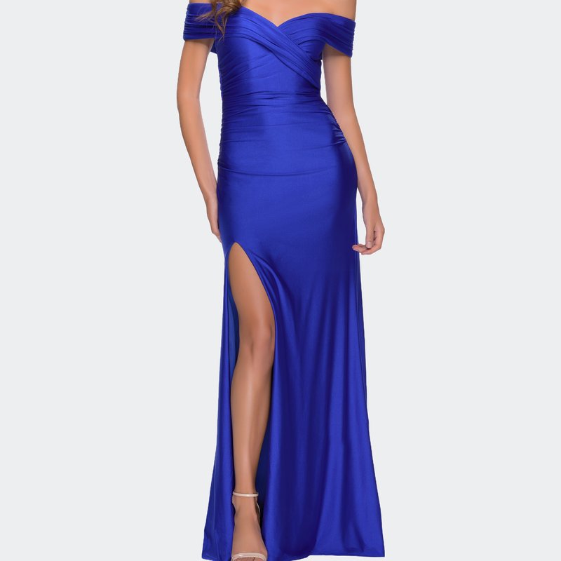 Shop La Femme Off The Shoulder Chic Jersey Gown With Ruching In Blue