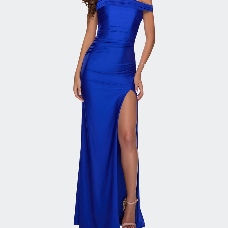 Shop La Femme Off The Shoulder Dress With Tie Back And Slit In Blue