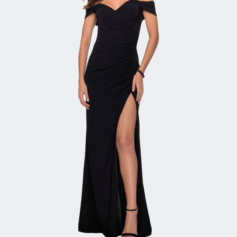 Shop La Femme Off The Shoulder Fully Ruched Floor Length Gown In Black
