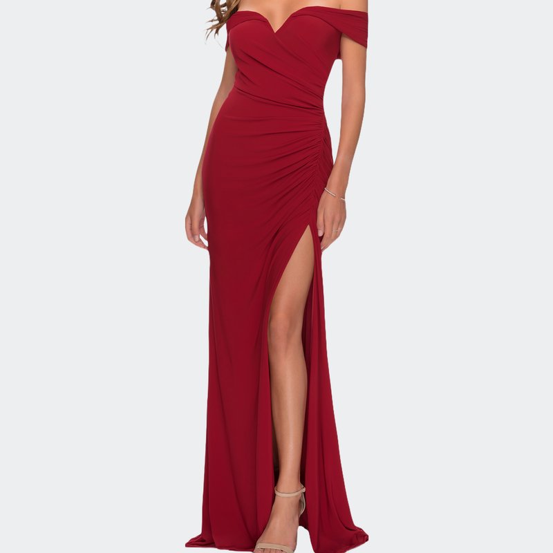 Shop La Femme Off The Shoulder Fully Ruched Floor Length Gown In Red