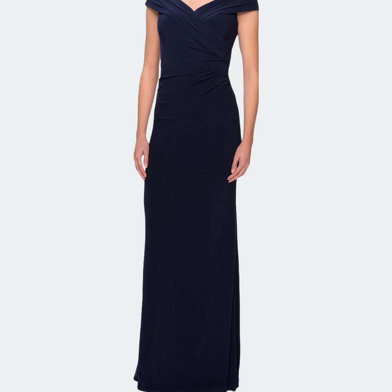 La Femme Off The Shoulder Jersey Dress With Ruching In Navy