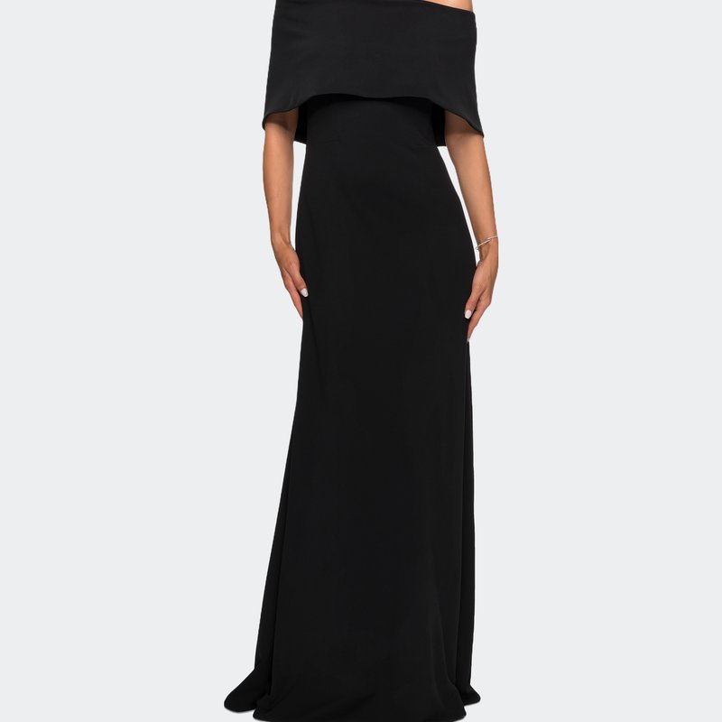 LA FEMME OFF THE SHOULDER JERSEY GOWN WITH COLUMN SKIRT