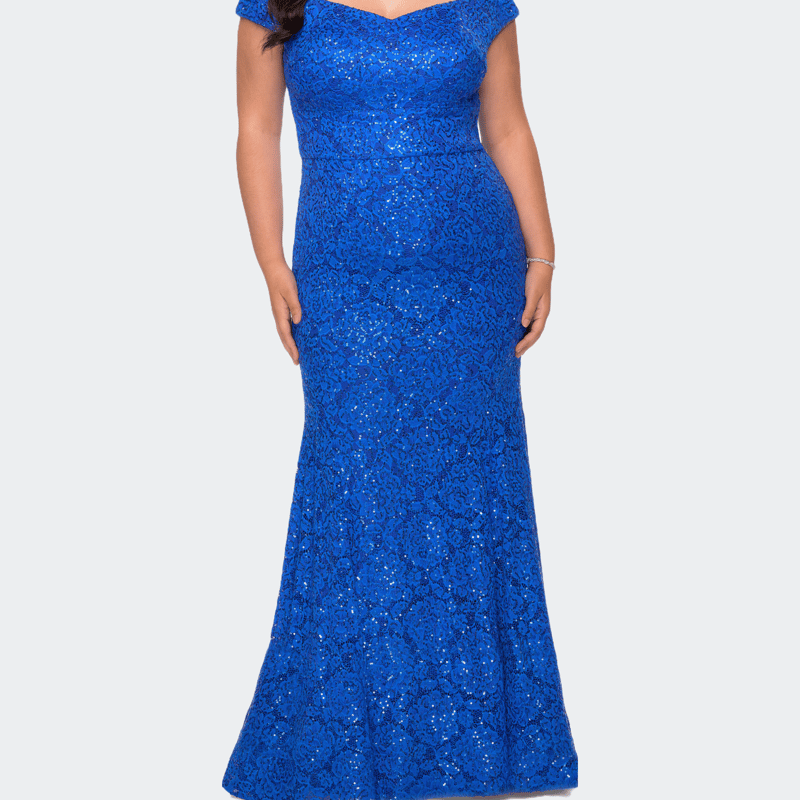 La Femme Off The Shoulder Lace Plus Dress With Defined Waist In Blue