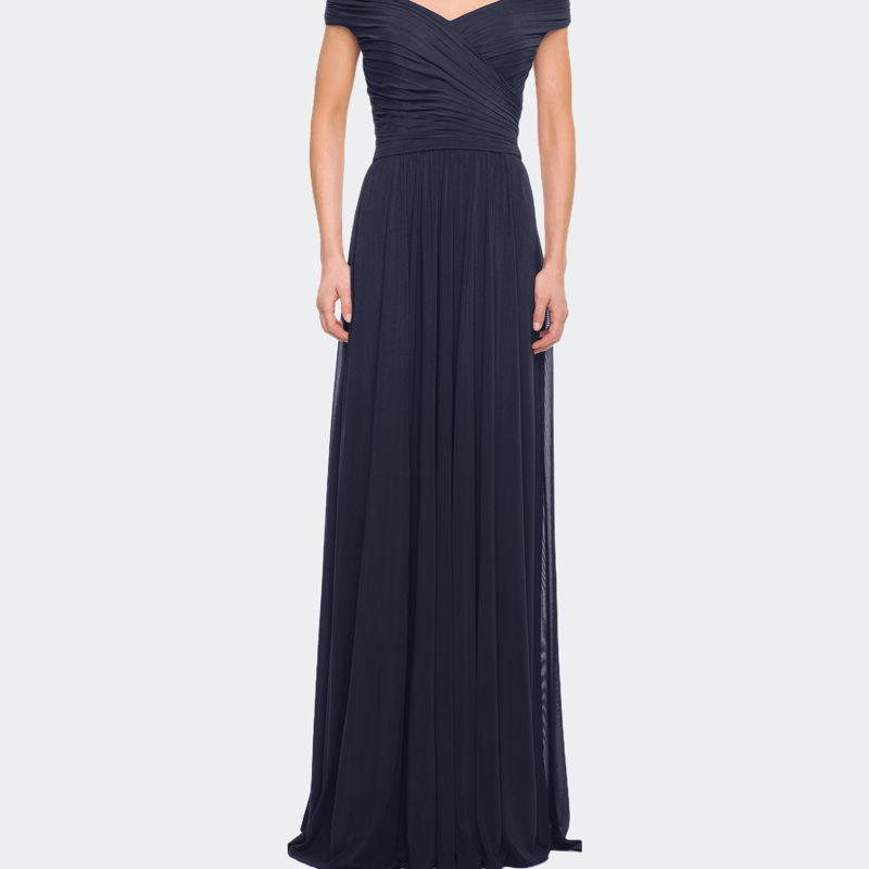 La Femme Off The Shoulder Net Jersey Long Dress With Ruching In Blue