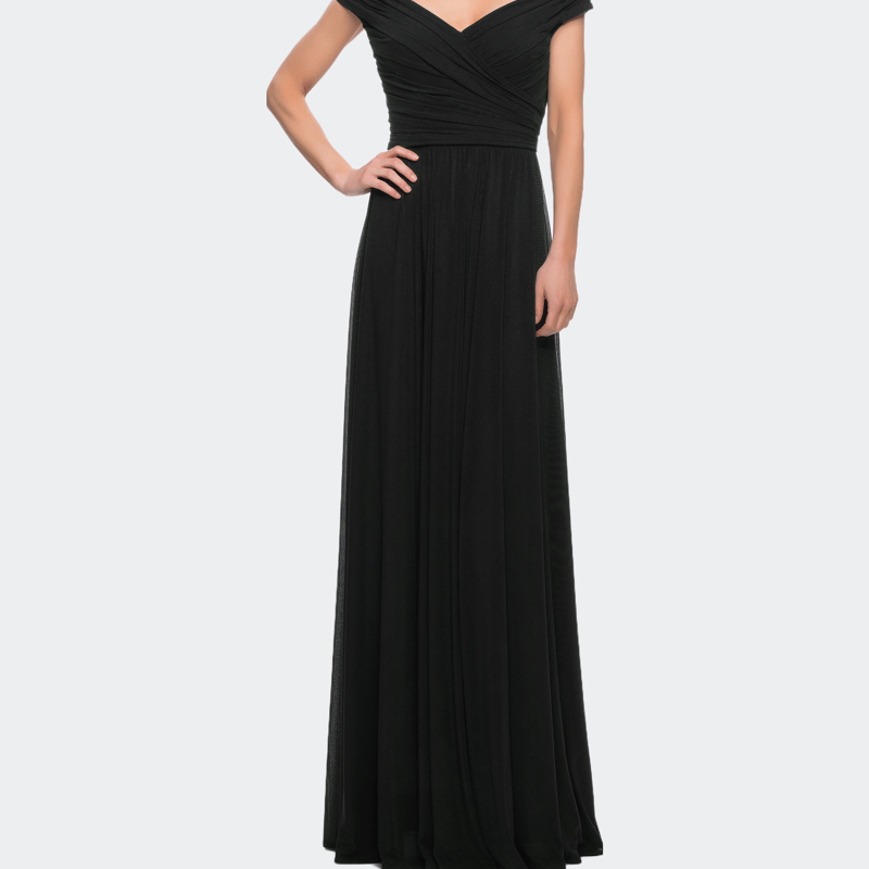 La Femme Off The Shoulder Net Jersey Long Dress In Black