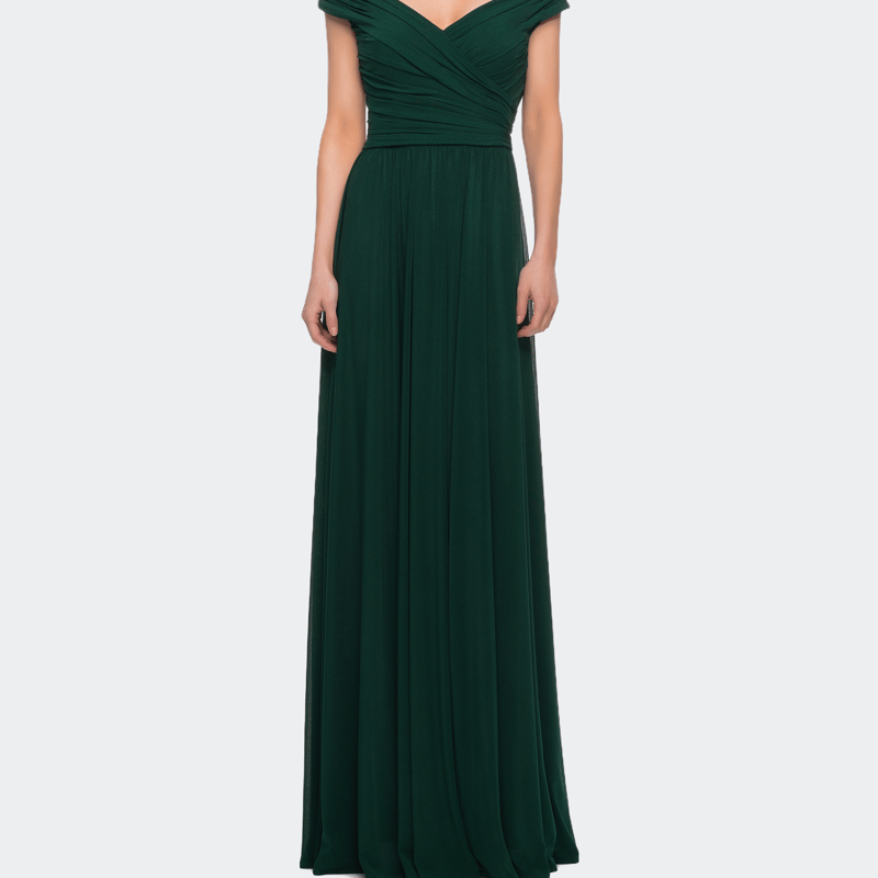 La Femme Off The Shoulder Net Jersey Long Dress With Ruching In Emerald