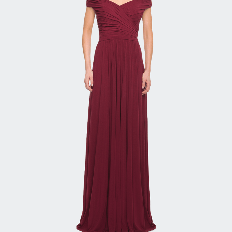 La Femme Off The Shoulder Net Jersey Long Dress With Ruching In Wine