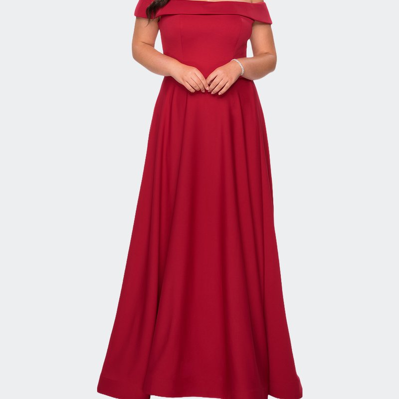 La Femme Off The Shoulder Plus Size Dress With Leg Slit In Red