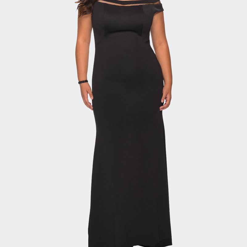 La Femme Off The Shoulder Plus Size Gown With Sheer Neckline Detail In Black