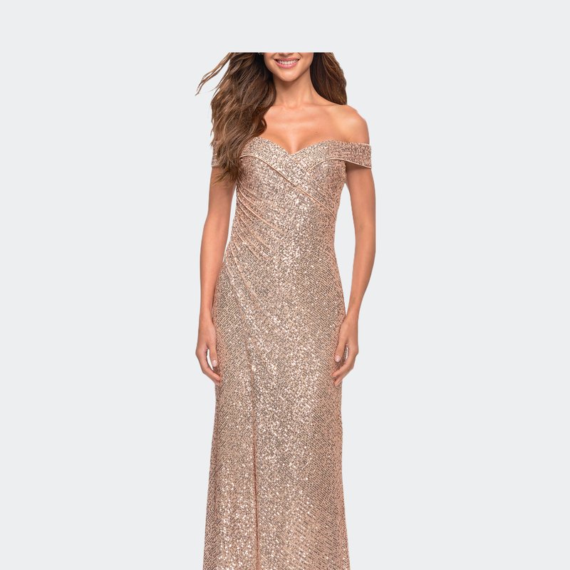 La Femme Off The Shoulder Ruched Sequin Dress With Slit In Gold