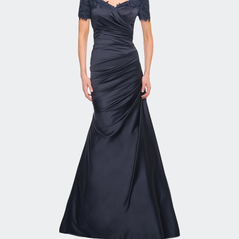 Shop La Femme Off The Shoulder Satin And Lace Mermaid Pleated Gown In Blue