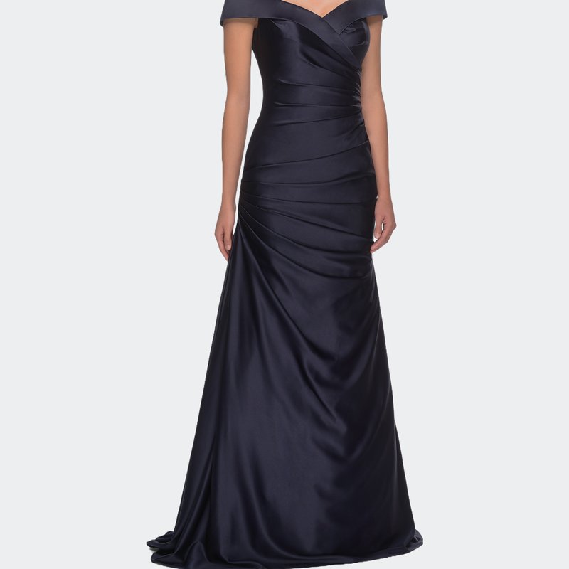 La Femme Off The Shoulder Satin Evening Dress With Pleating In Navy