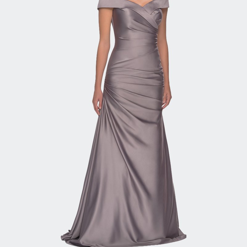 La Femme Off The Shoulder Satin Evening Dress With Pleating In Grey