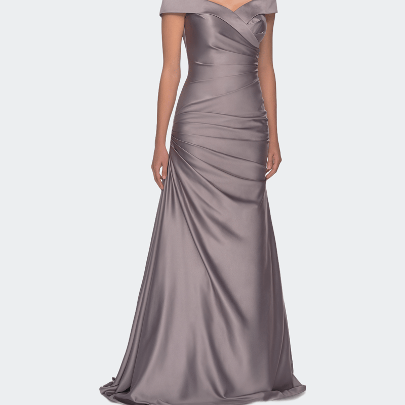 La Femme Off The Shoulder Satin Evening Dress With Pleating In Platinum