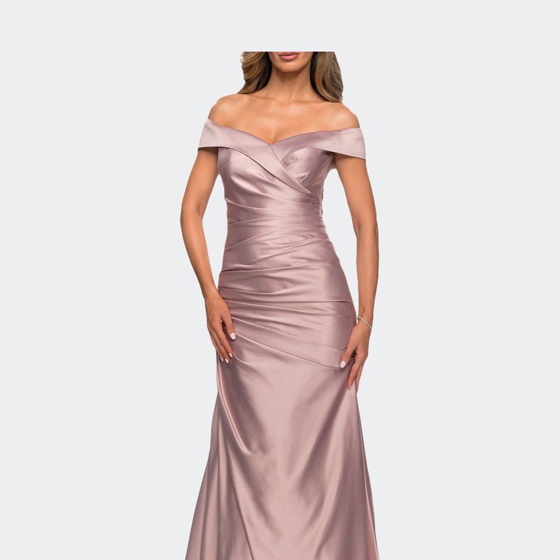 La Femme Off The Shoulder Satin Evening Dress With Pleating In Champagne