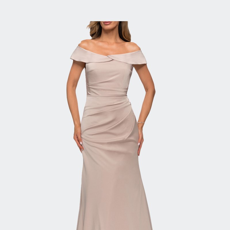 La Femme Off The Shoulder Satin Evening Gown With Ruching In Champagne