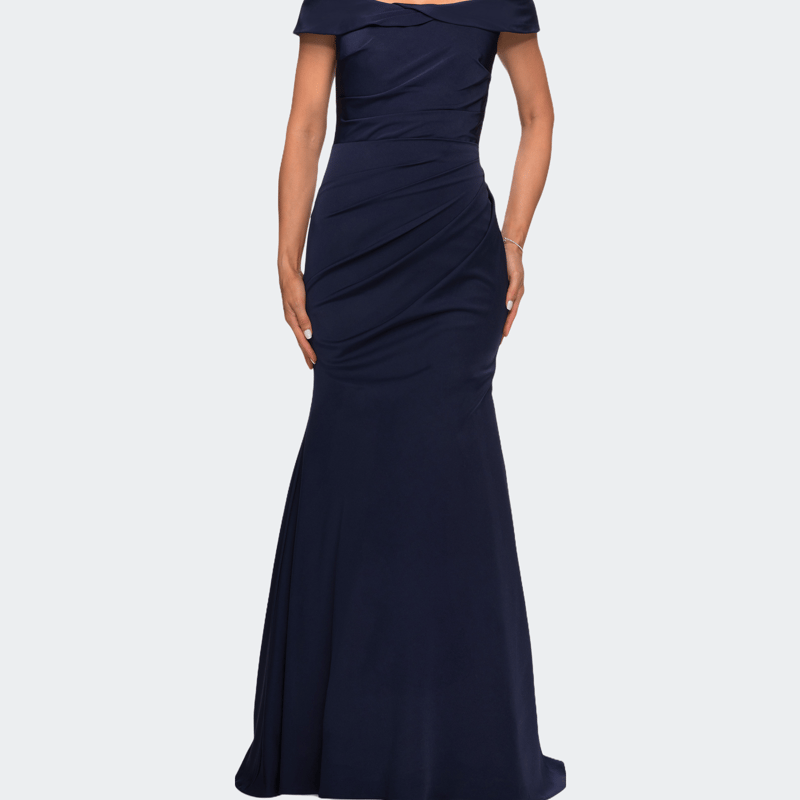 La Femme Off The Shoulder Satin Evening Gown With Ruching In Navy