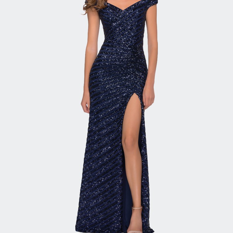Shop La Femme Off The Shoulder Sequin Long Dress With Skirt Slit In Blue