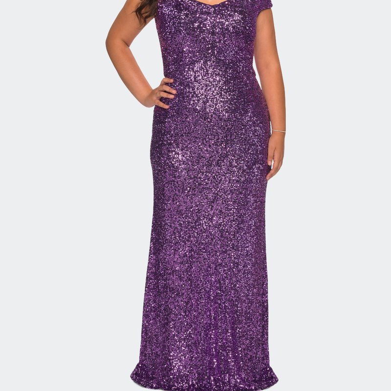 Shop La Femme Off The Shoulder Sequin Plus Size Dress In Purple