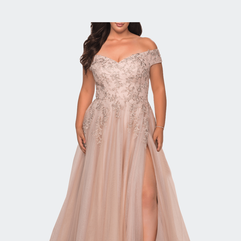 Shop La Femme Off The Shoulder Tulle Plus Size Gown With Lace In Gold