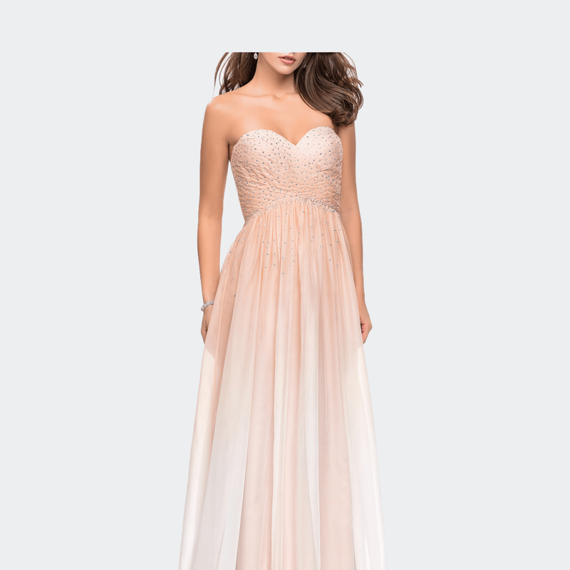La Femme Ombre Chiffon Prom Dress With Criss Cross Pleating In Nude