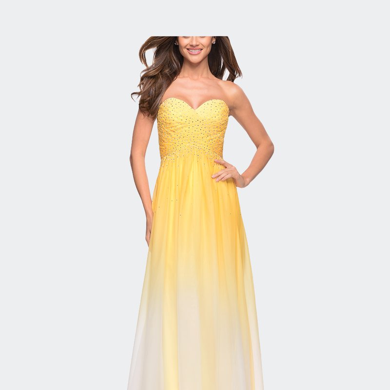 Shop La Femme Ombre Chiffon Prom Dress With Criss Cross Pleating In Yellow
