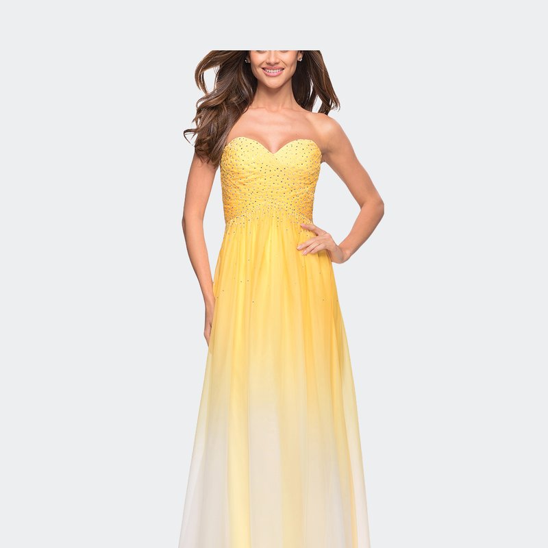 La Femme Ombre Chiffon Prom Dress With Criss Cross Pleating In Lemon