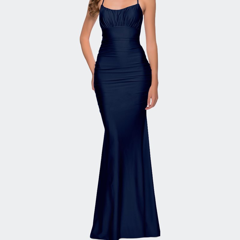 Shop La Femme On Trend Jersey Long Dress With Ruching On Bodice In Blue