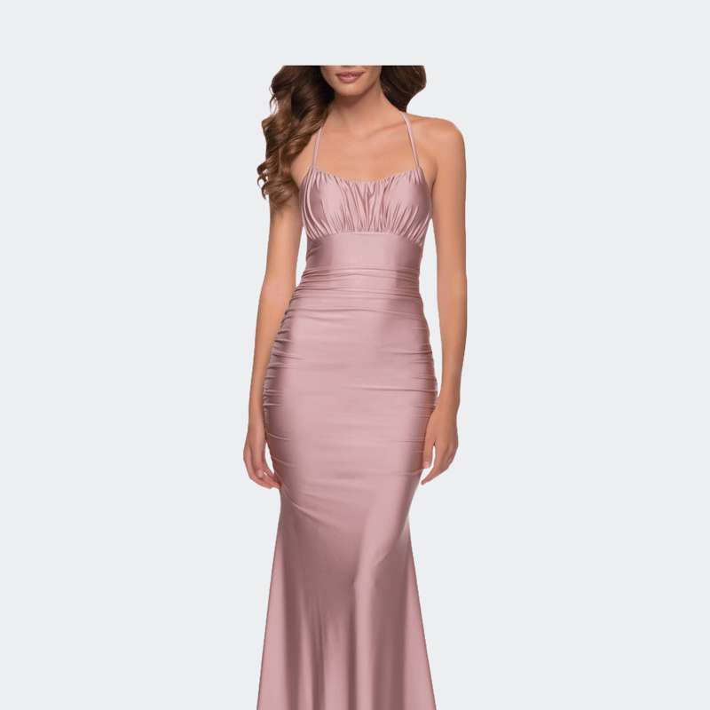Shop La Femme On Trend Jersey Long Dress With Ruching On Bodice In Pink