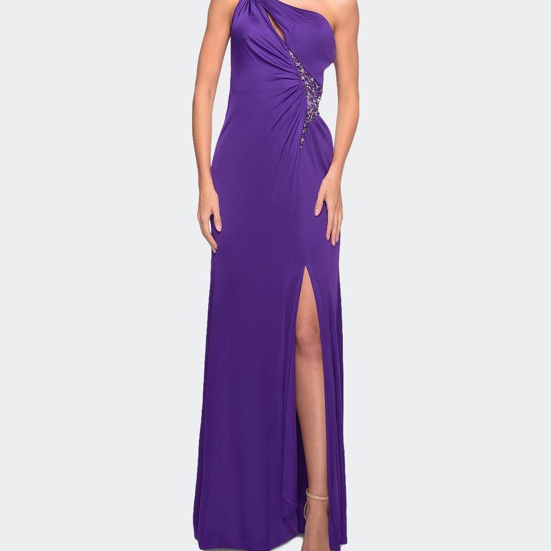 La Femme One Shoulder Jersey Gown With Slit And Open Back In Purple