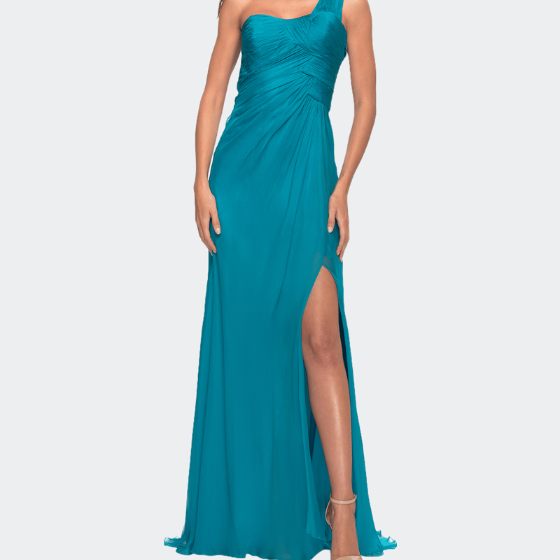 La Femme One Shoulder Long Dress With Slit And Rhinestone Detail In Blue