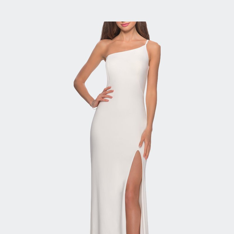 La Femme One Shoulder Long Jersey Homecoming Dress In White