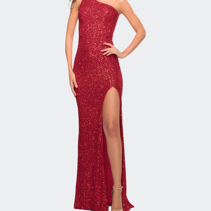 La Femme One Shoulder Luxurious Soft Sequin Dress With Slit In Red