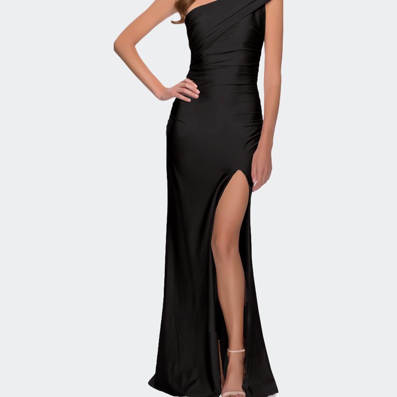 Shop La Femme One Shoulder Shiny Ruched Jersey Dress With Slit In Black