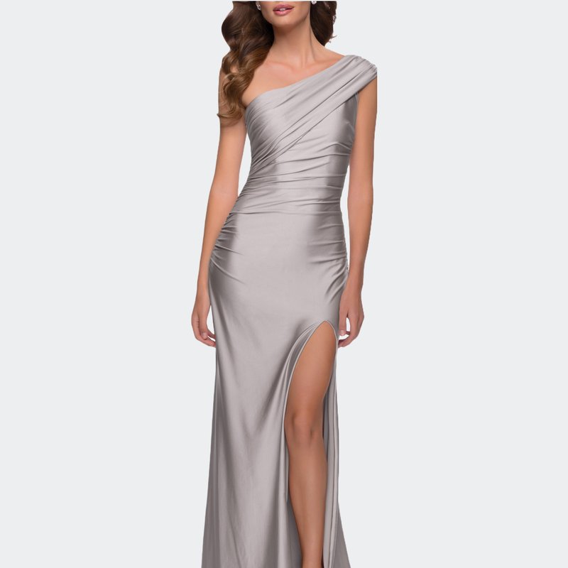 La Femme One Shoulder Shiny Ruched Jersey Dress In Grey