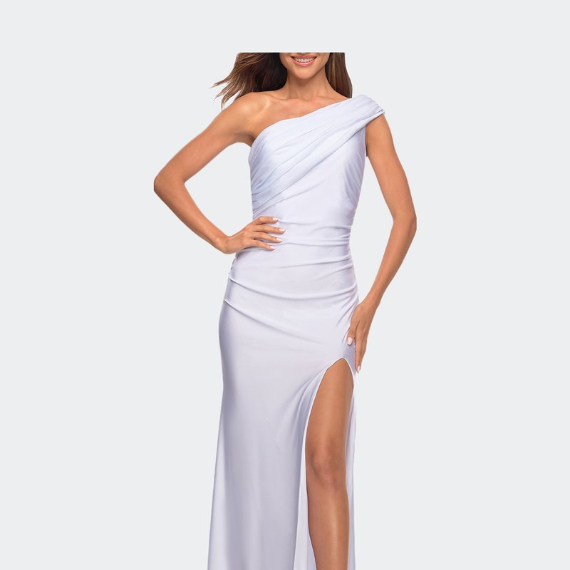 Shop La Femme One Shoulder Shiny Ruched Jersey Gown With Slit In White