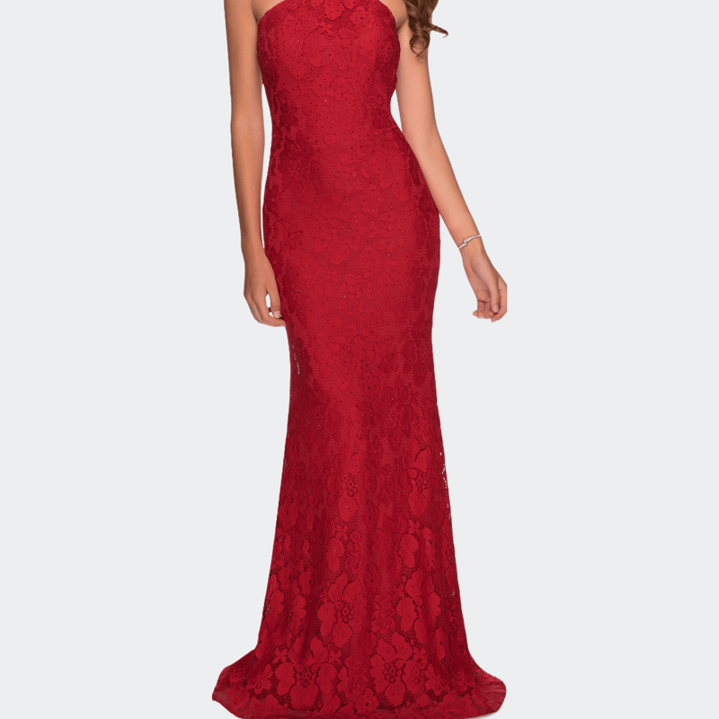 La Femme Open Back Lace Prom Dress With High Neckline In Red