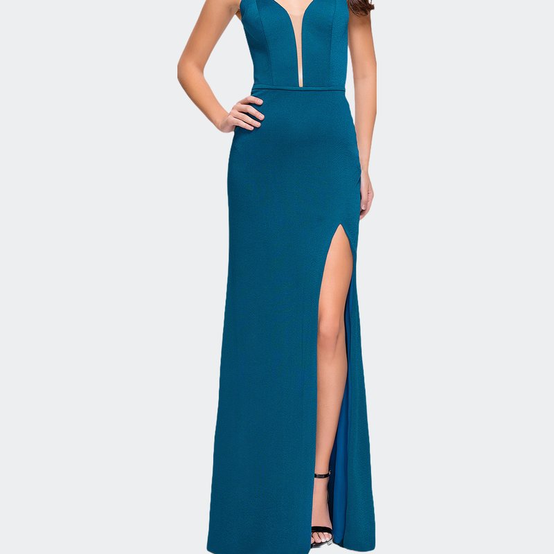 La Femme Open Strappy Back Long Prom Dress With Deep V Neckline In Blue
